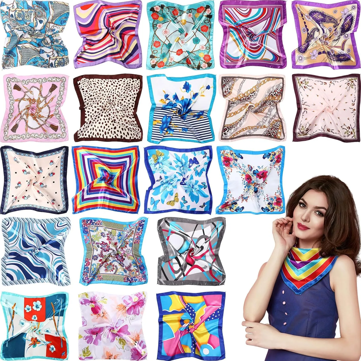 20 Pieces Women Satin Square Scarf Mixed Color Small Silk Neck Scarf for Women Girls Favors, Random Color