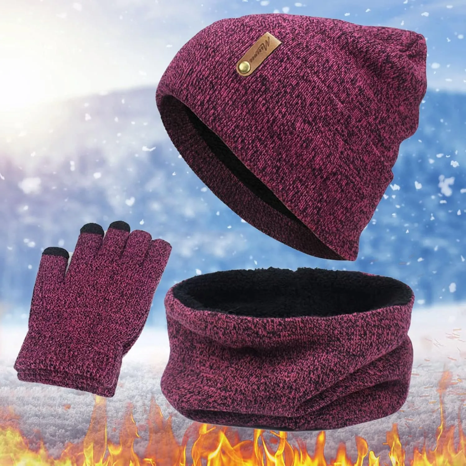 3-Pieces Winter Hat Neck Warmer Touchscreen Gloves Set Knit Thick Scarf Beanie Hat Scarves Set Gifts for Men