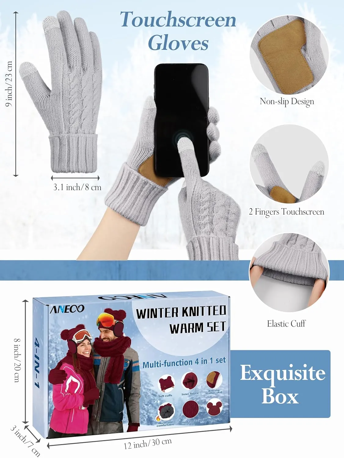 Aneco Women Winter Beanie Hat Scarf Gloves Set Warm Fleece Cap with PomPom Knit Anti-Slip Touchscreen Gloves for Cold Weather
