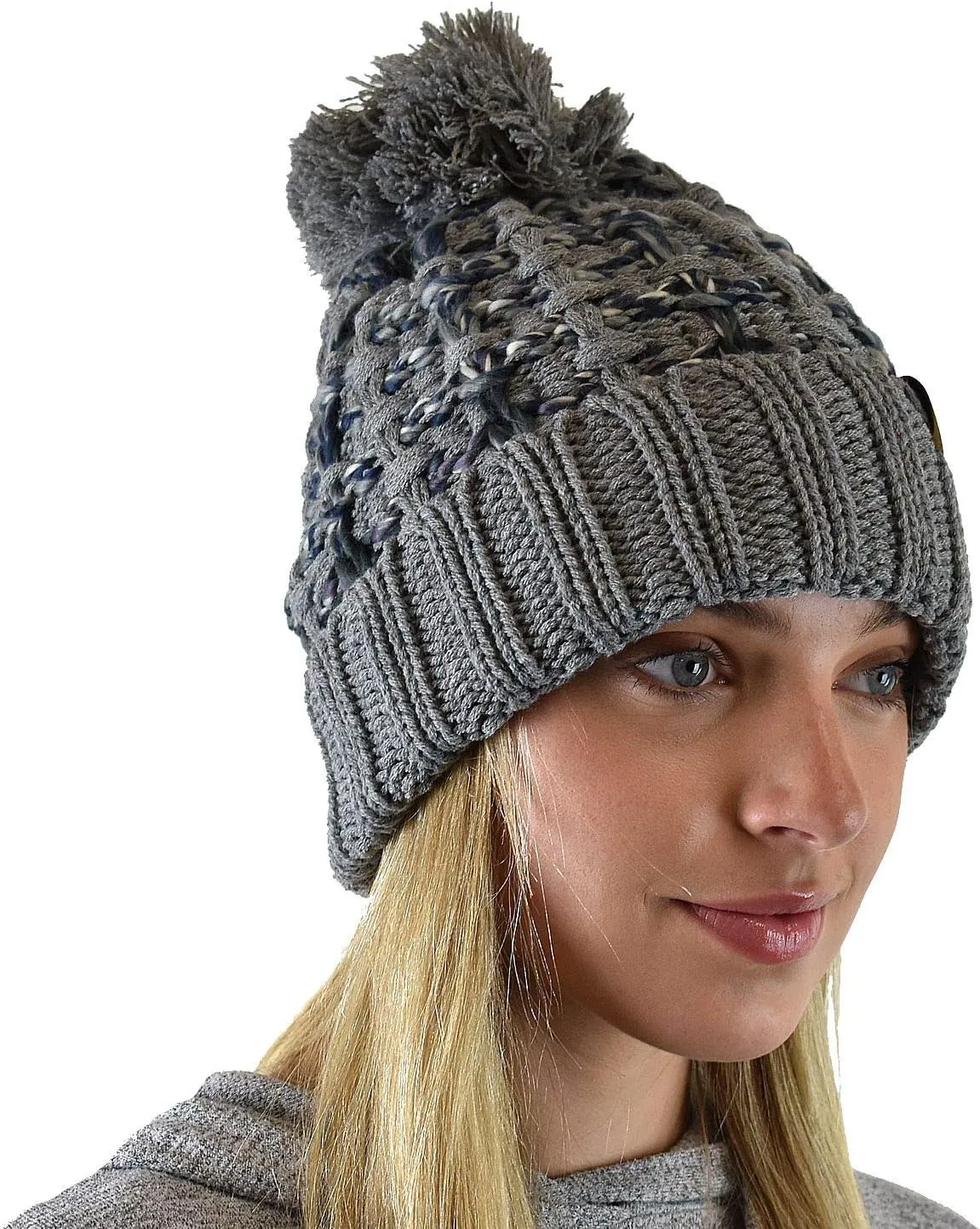 C.C Winter Warm Chunky Thick Ombre Double Slipstitch Knit Pom Cuff Beanie