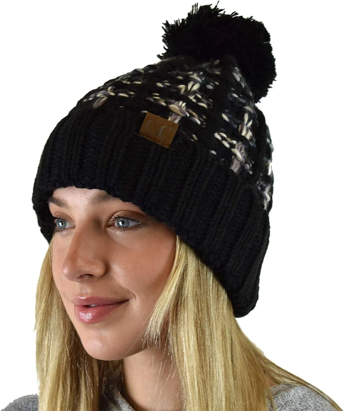 C.C Winter Warm Chunky Thick Ombre Double Slipstitch Knit Pom Cuff Beanie