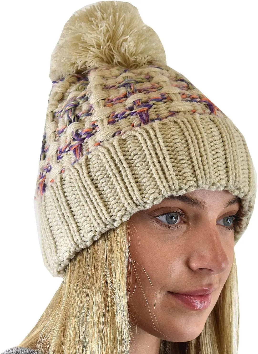 C.C Winter Warm Chunky Thick Ombre Double Slipstitch Knit Pom Cuff Beanie