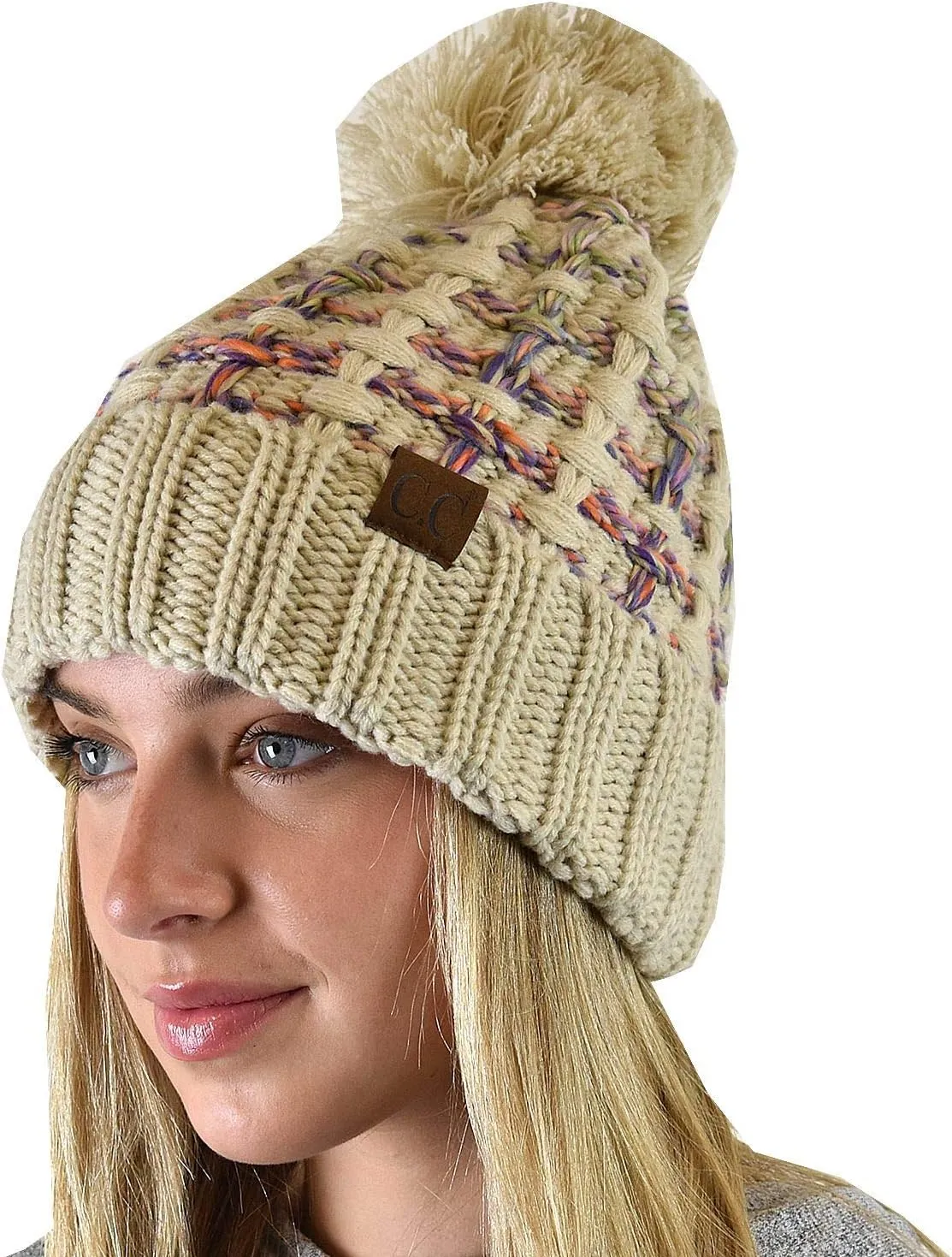 C.C Winter Warm Chunky Thick Ombre Double Slipstitch Knit Pom Cuff Beanie