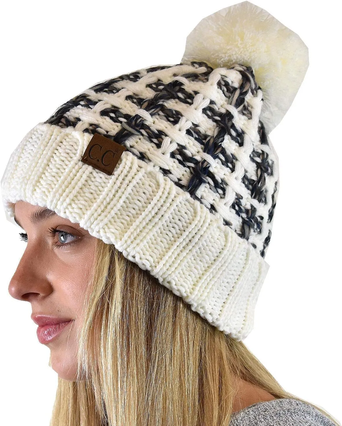 C.C Winter Warm Chunky Thick Ombre Double Slipstitch Knit Pom Cuff Beanie