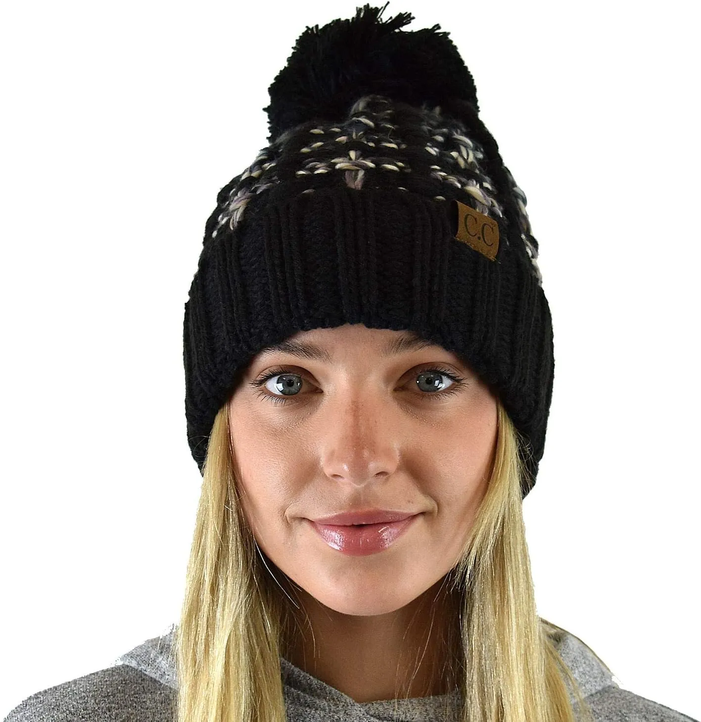 C.C Winter Warm Chunky Thick Ombre Double Slipstitch Knit Pom Cuff Beanie