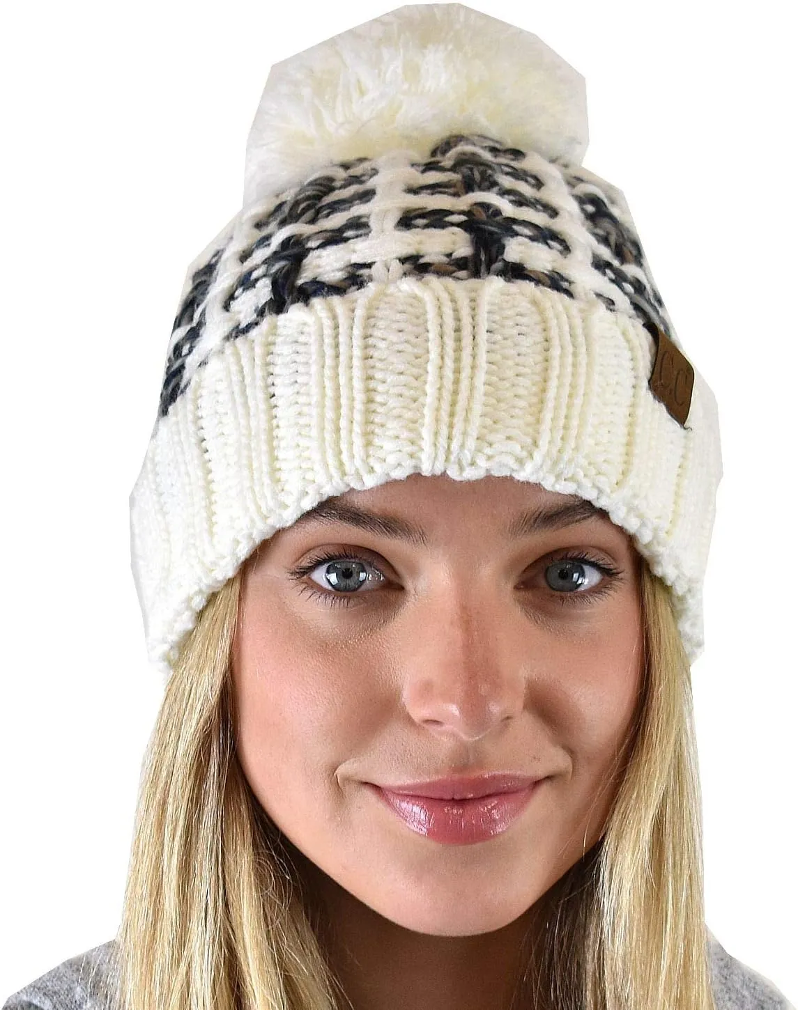 C.C Winter Warm Chunky Thick Ombre Double Slipstitch Knit Pom Cuff Beanie