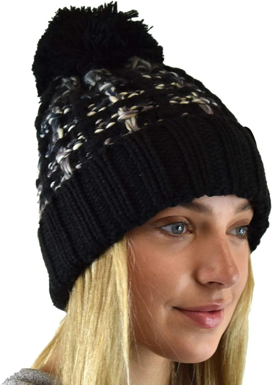 C.C Winter Warm Chunky Thick Ombre Double Slipstitch Knit Pom Cuff Beanie