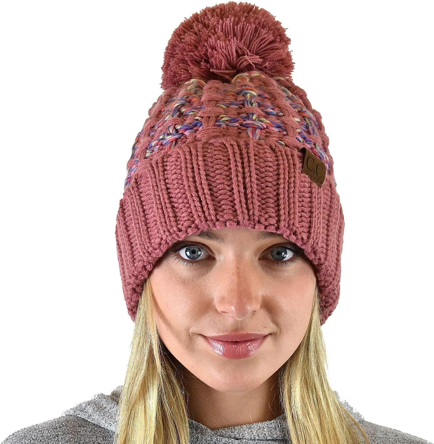 C.C Winter Warm Chunky Thick Ombre Double Slipstitch Knit Pom Cuff Beanie