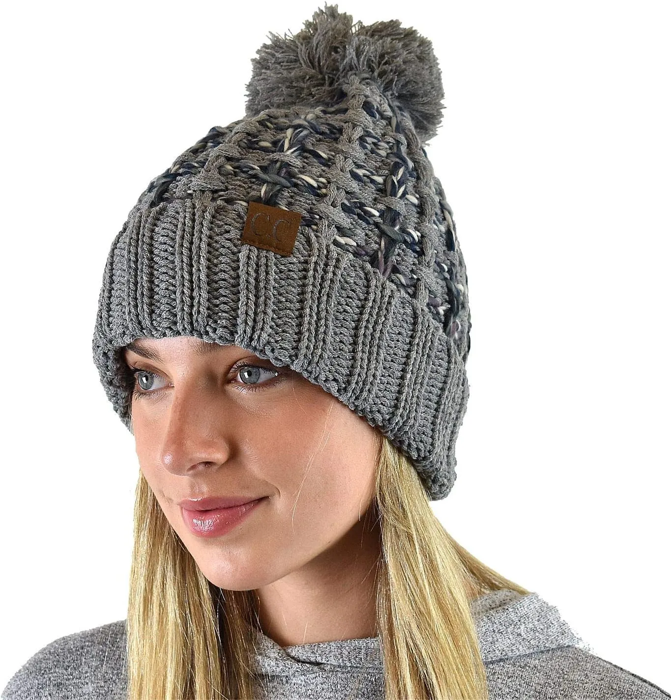 C.C Winter Warm Chunky Thick Ombre Double Slipstitch Knit Pom Cuff Beanie