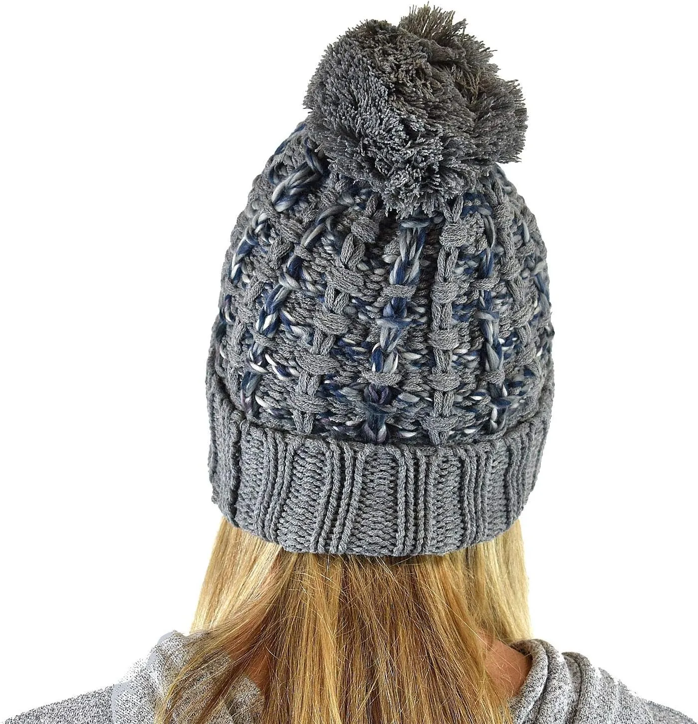 C.C Winter Warm Chunky Thick Ombre Double Slipstitch Knit Pom Cuff Beanie