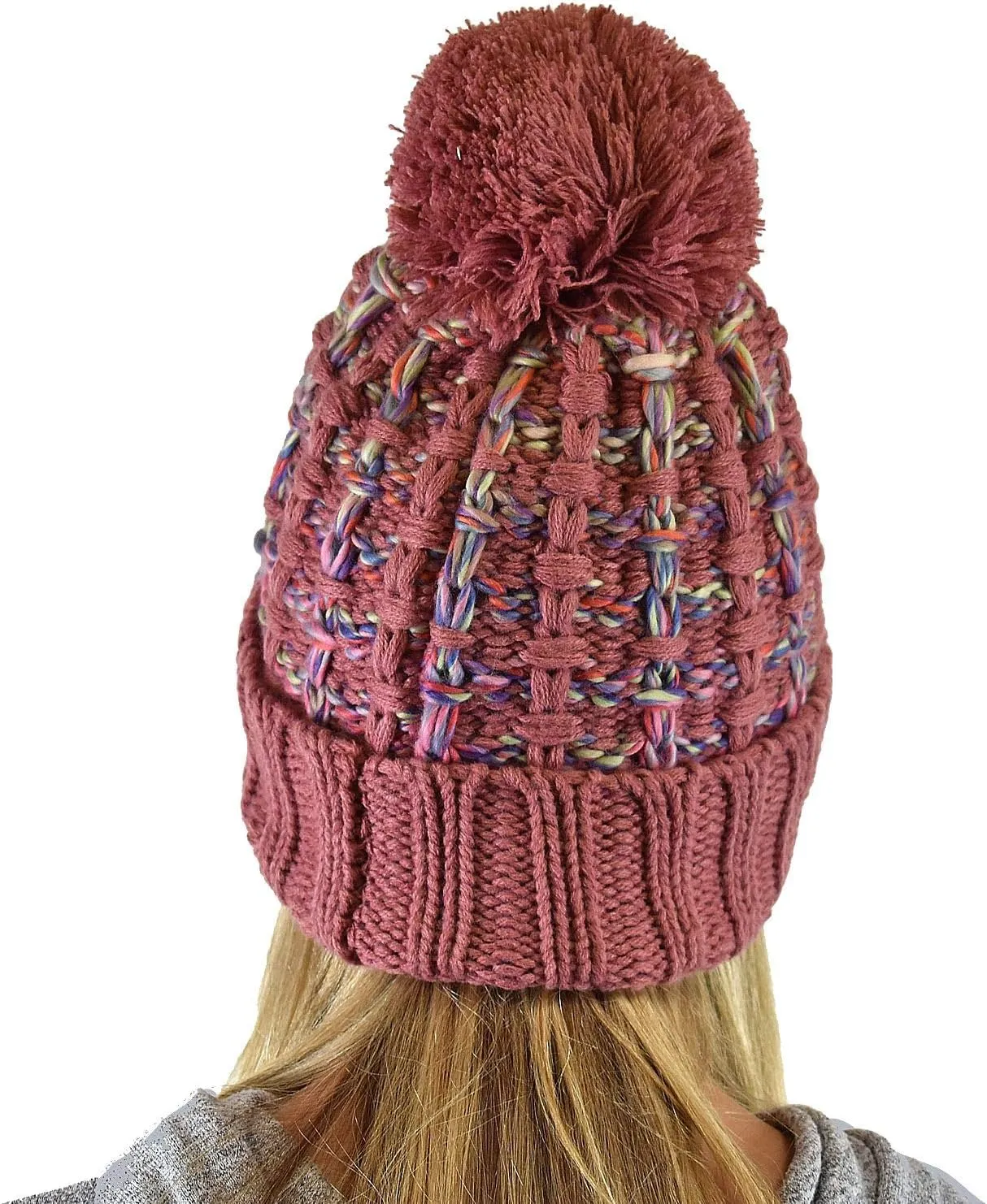 C.C Winter Warm Chunky Thick Ombre Double Slipstitch Knit Pom Cuff Beanie