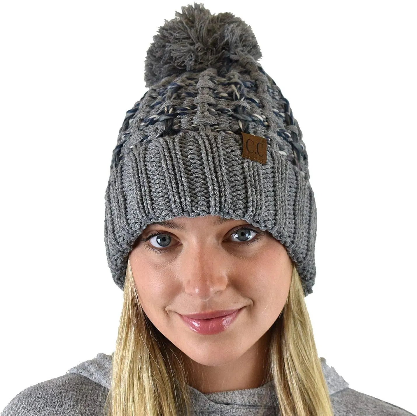 C.C Winter Warm Chunky Thick Ombre Double Slipstitch Knit Pom Cuff Beanie