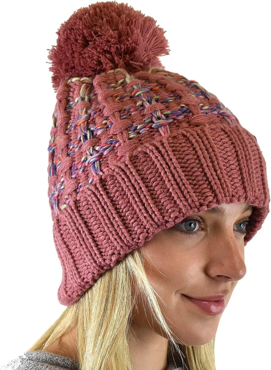 C.C Winter Warm Chunky Thick Ombre Double Slipstitch Knit Pom Cuff Beanie
