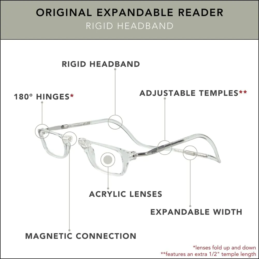 Clic Magnetic Reading Glasses for Men or Women, Computer Readers, Original Expandable (M-XL, Clear, 1.25 Magnification)