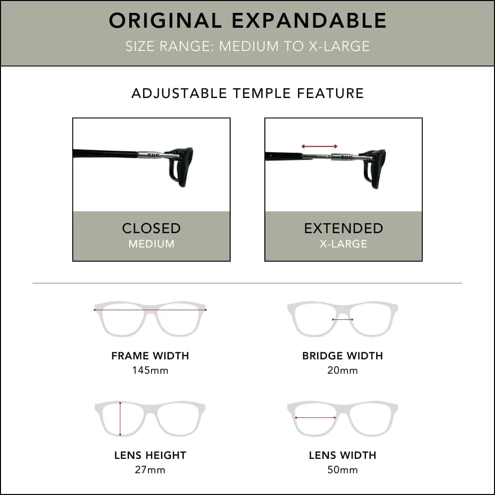 Clic Magnetic Reading Glasses for Men or Women, Computer Readers, Original Expandable (M-XL, Clear, 1.25 Magnification)