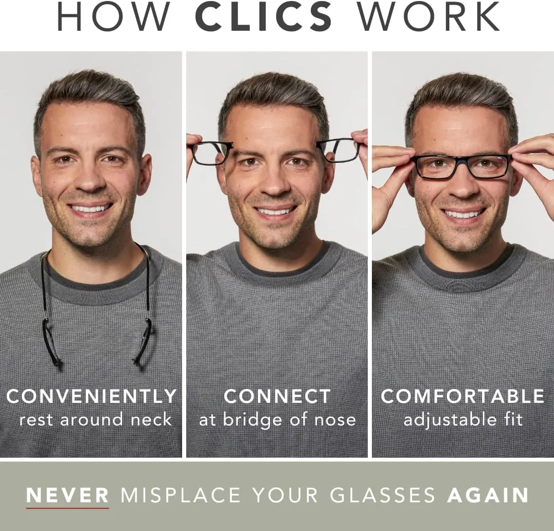 Clic Magnetic Reading Glasses for Men or Women, Computer Readers, Original Expandable (M-XL, Clear, 1.25 Magnification)