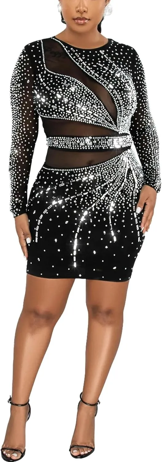 CUTUBLY Women's Sexy Spaghetti Strap Rhinestone Clubwear Feather Hem Mini Dress Club Night Outfit