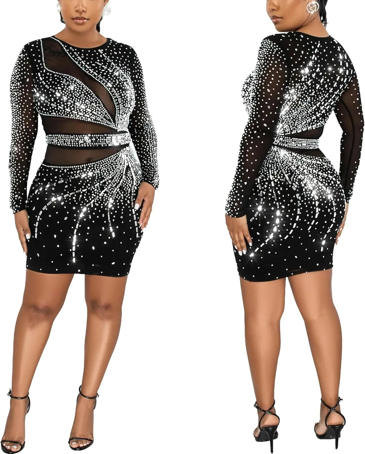 CUTUBLY Women's Sexy Spaghetti Strap Rhinestone Clubwear Feather Hem Mini Dress Club Night Outfit