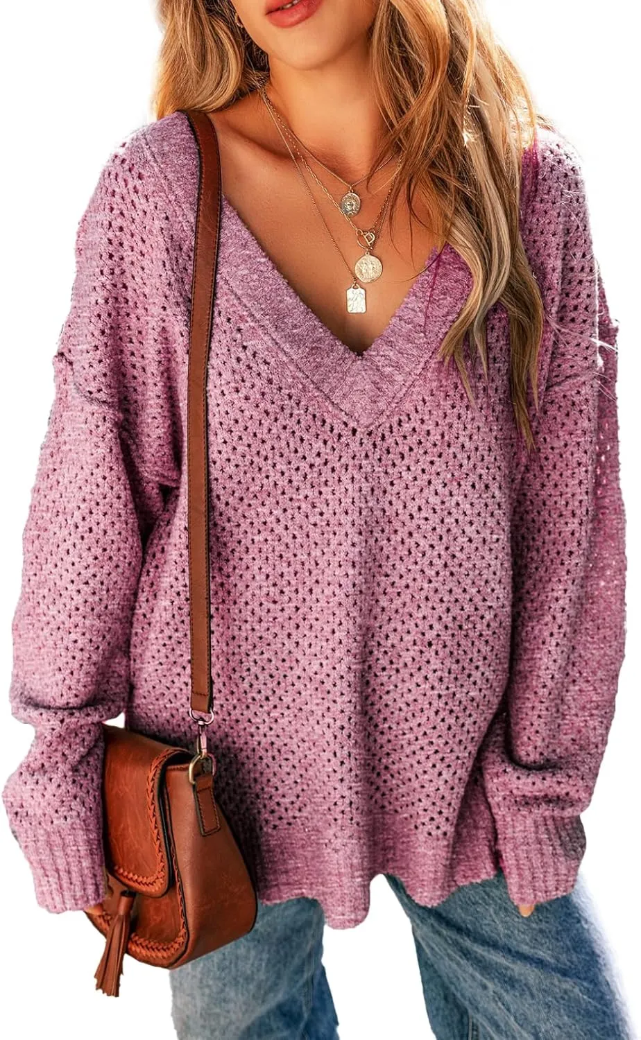 EVALESS Sweaters for Women 2024 Fall Winter Long Sleeve V Neck Crochet Sweater Hollow Out Knitwear Pullover Jumper Tops
