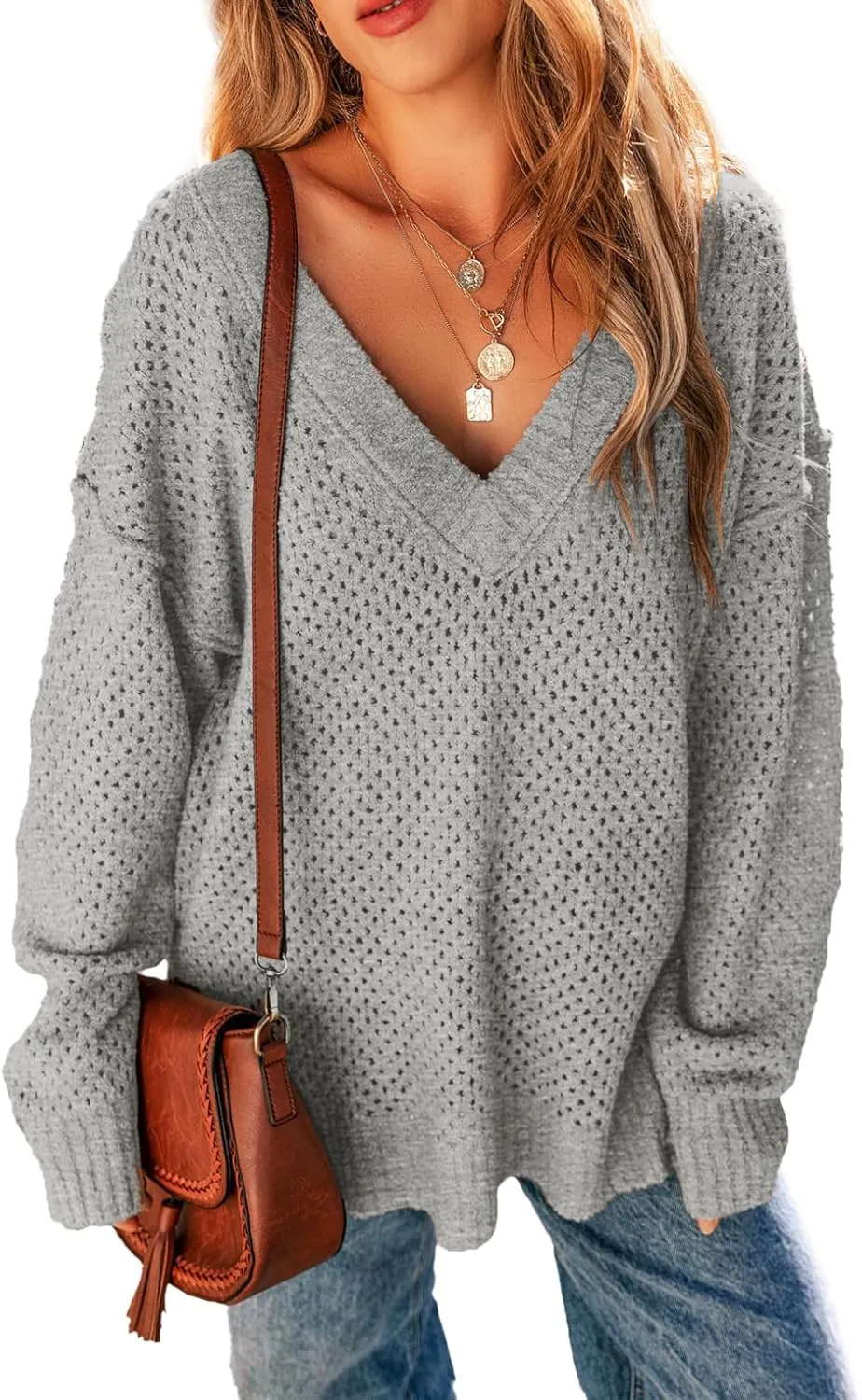 EVALESS Sweaters for Women 2024 Fall Winter Long Sleeve V Neck Crochet Sweater Hollow Out Knitwear Pullover Jumper Tops