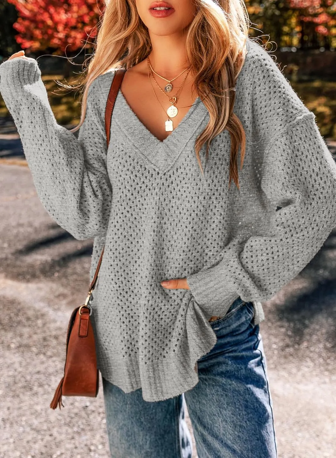 EVALESS Sweaters for Women 2024 Fall Winter Long Sleeve V Neck Crochet Sweater Hollow Out Knitwear Pullover Jumper Tops