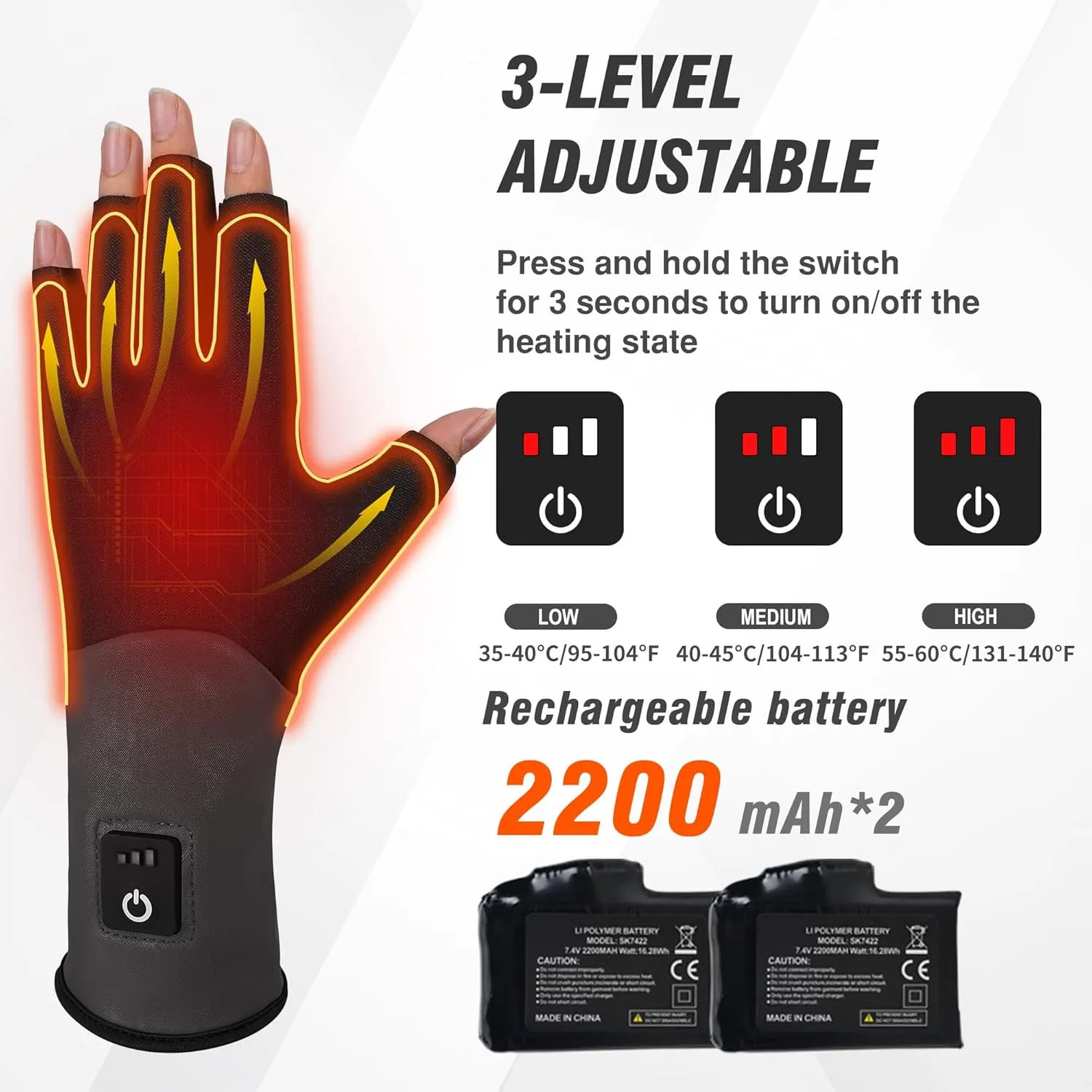 Fingerless Thin Heated Glove Liners for Man Women, Rechargeable Touchscreen Heating Gloves, Electric Heated Mittens with 2 Battery Thermal Gloves for Hunting, Camping, Gaming, Ice Fishing