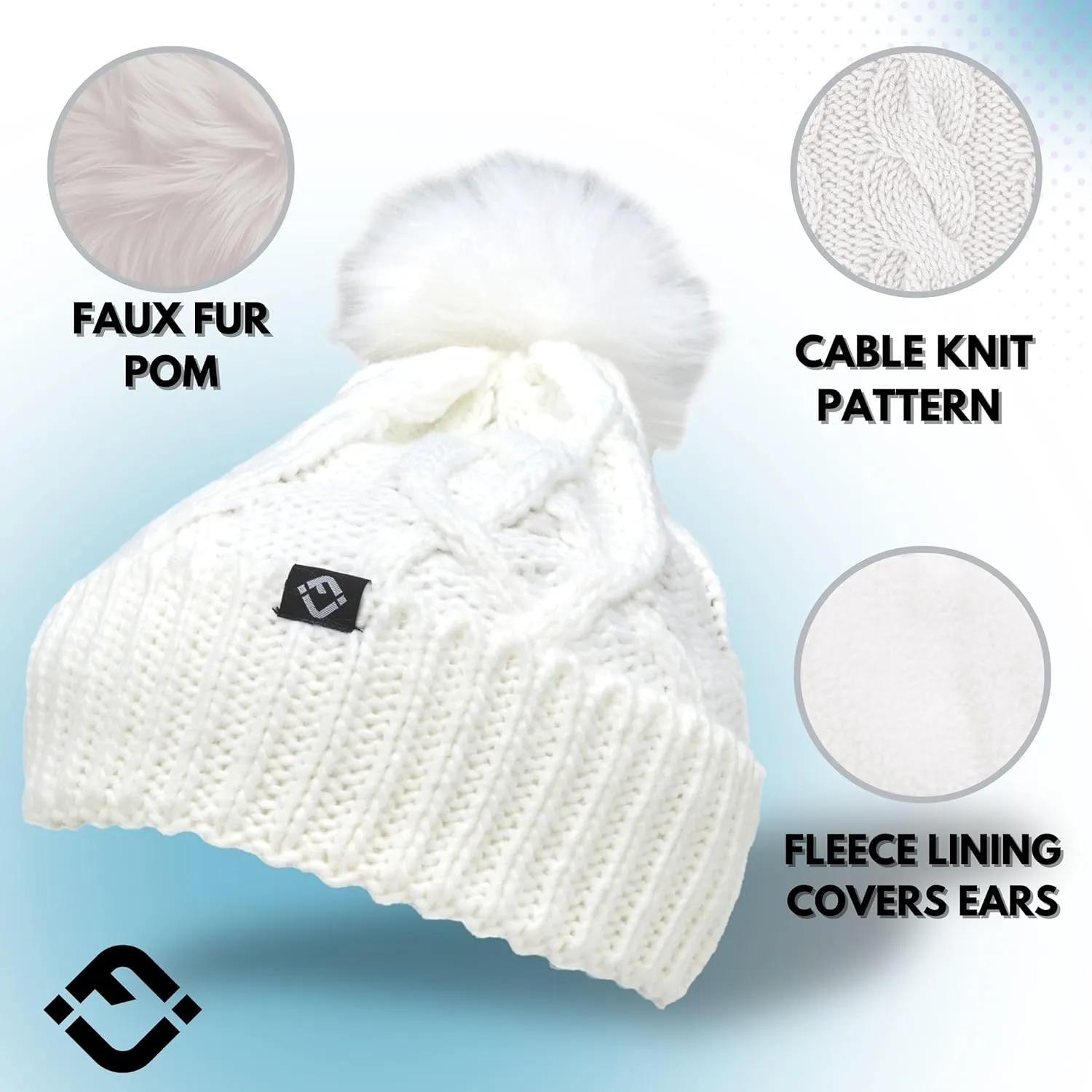 Funky Junque Toddler Girl Winter Hat Beanie with Faux Fur Pom Pom, Warm Cable Knit Fleece Lined Cap, Ages 2-5