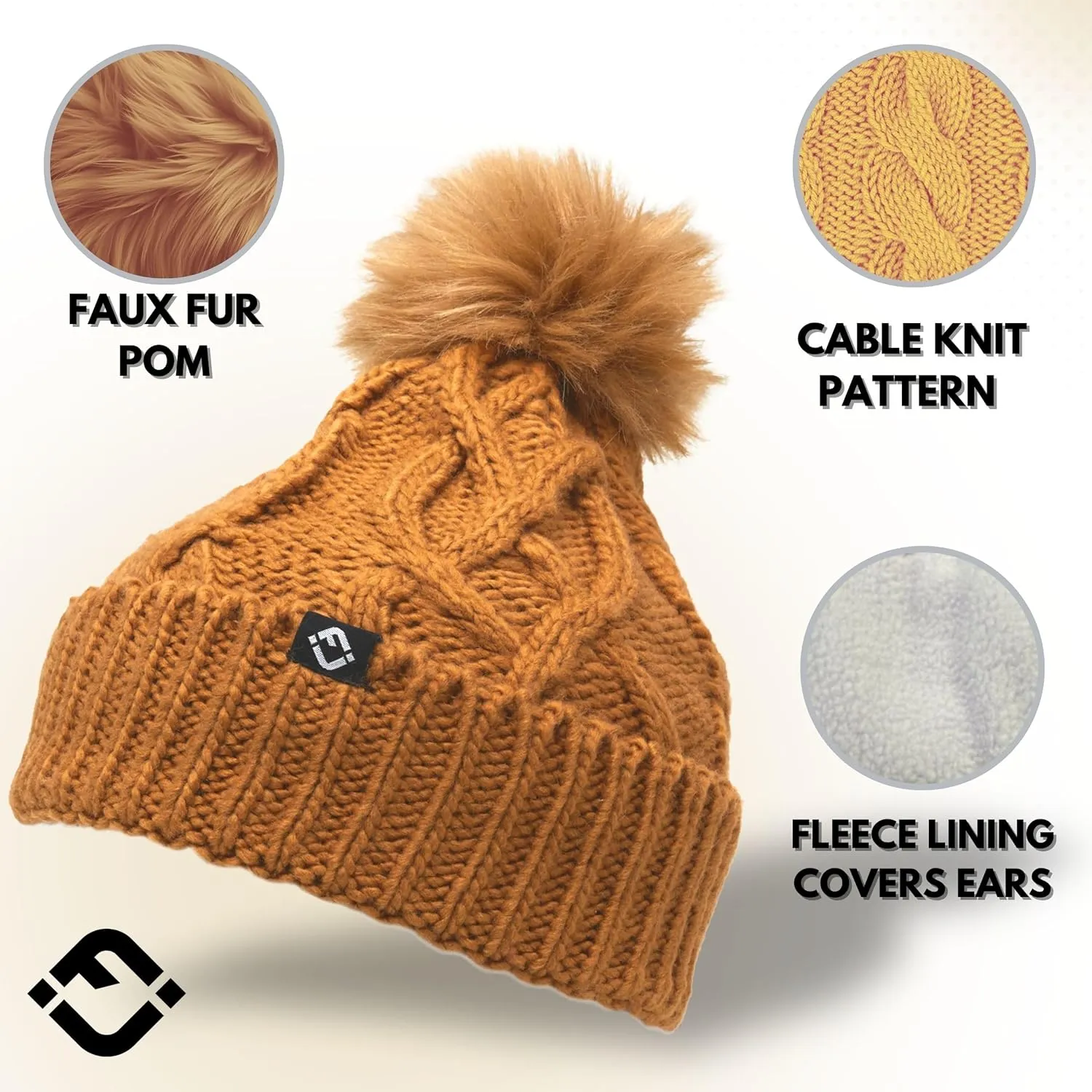 Funky Junque Toddler Girl Winter Hat Beanie with Faux Fur Pom Pom, Warm Cable Knit Fleece Lined Cap, Ages 2-5
