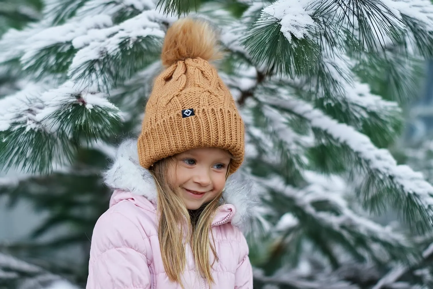 Funky Junque Toddler Girl Winter Hat Beanie with Faux Fur Pom Pom, Warm Cable Knit Fleece Lined Cap, Ages 2-5