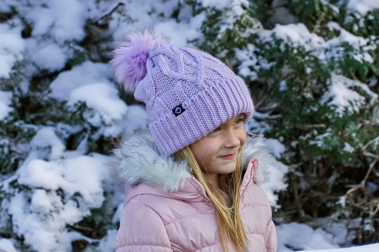Funky Junque Toddler Girl Winter Hat Beanie with Faux Fur Pom Pom, Warm Cable Knit Fleece Lined Cap, Ages 2-5