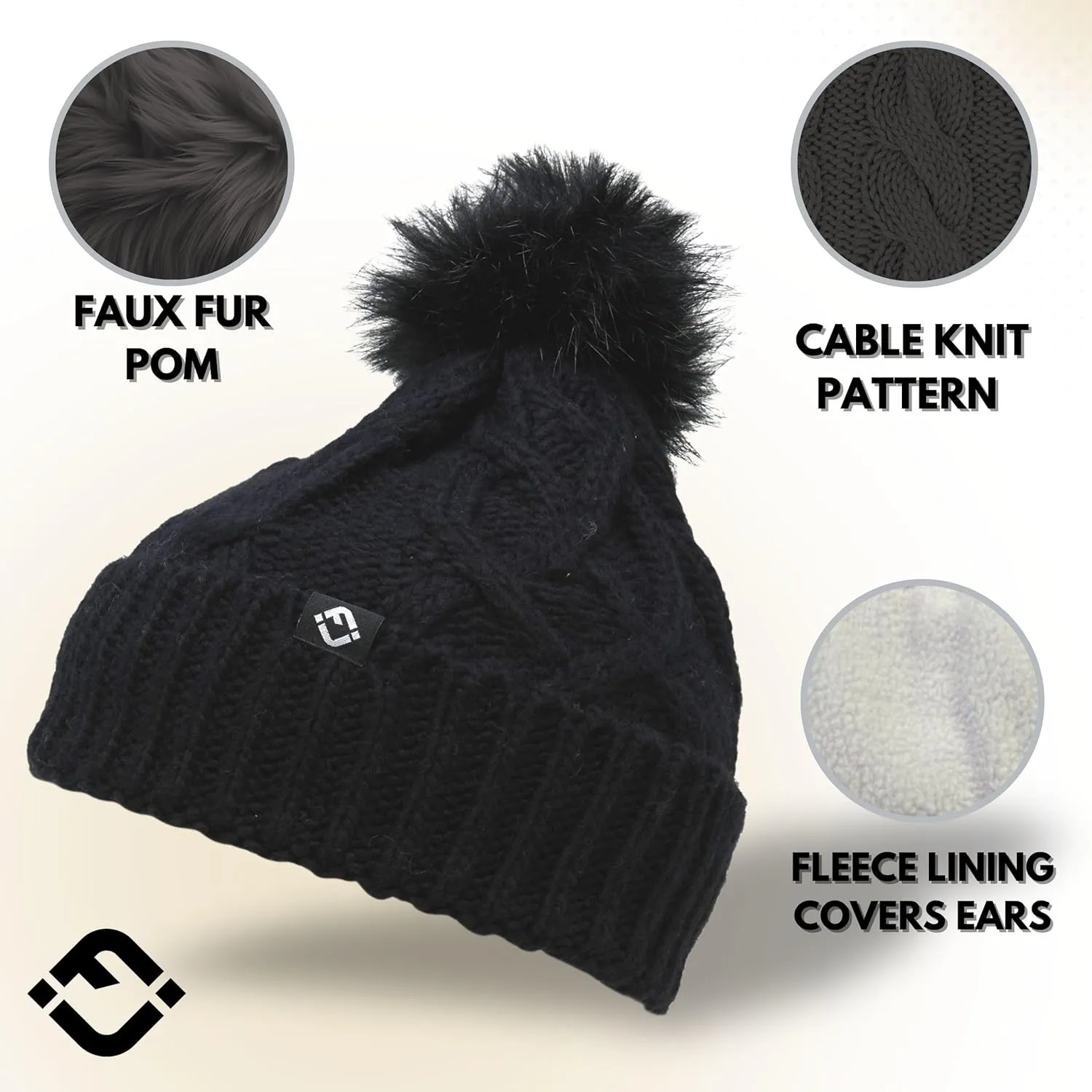 Funky Junque Toddler Girl Winter Hat Beanie with Faux Fur Pom Pom, Warm Cable Knit Fleece Lined Cap, Ages 2-5