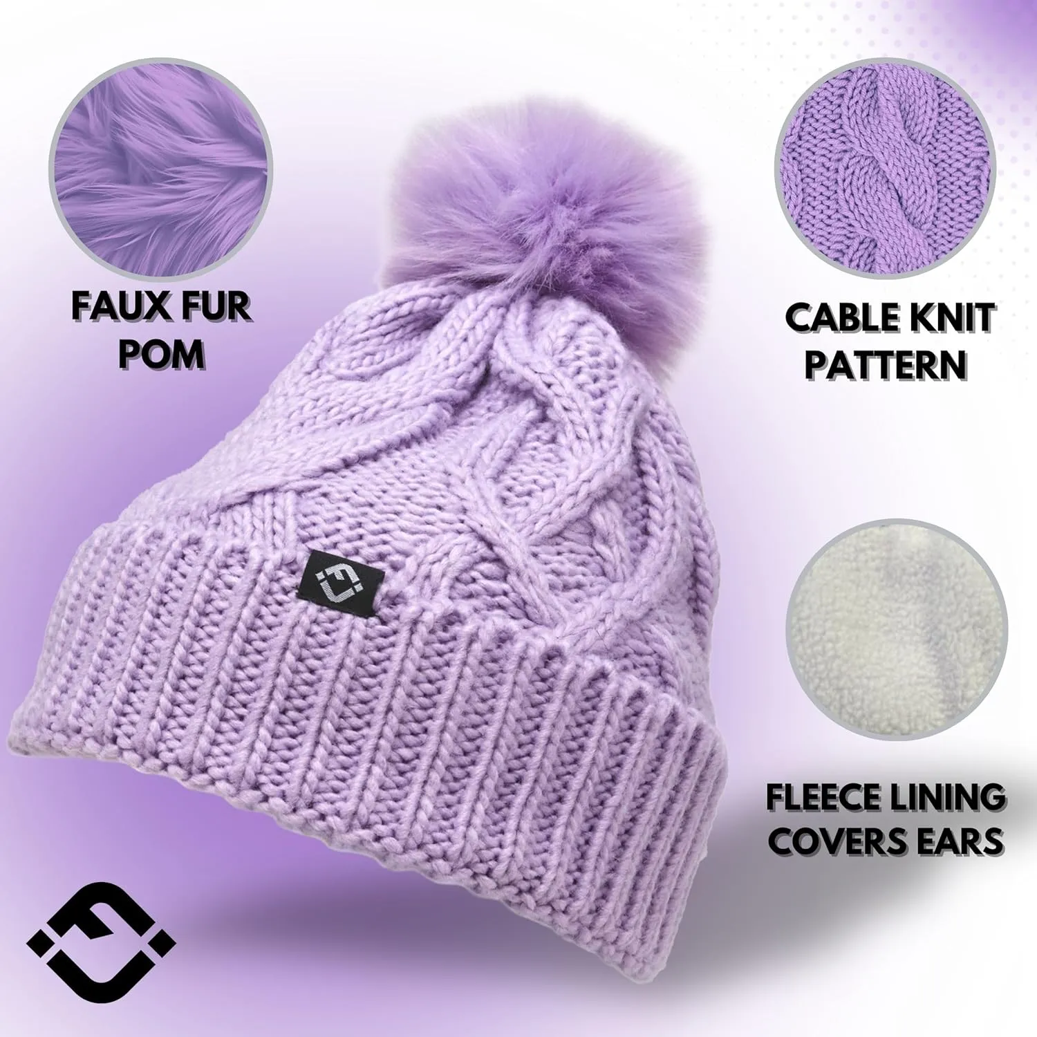 Funky Junque Toddler Girl Winter Hat Beanie with Faux Fur Pom Pom, Warm Cable Knit Fleece Lined Cap, Ages 2-5