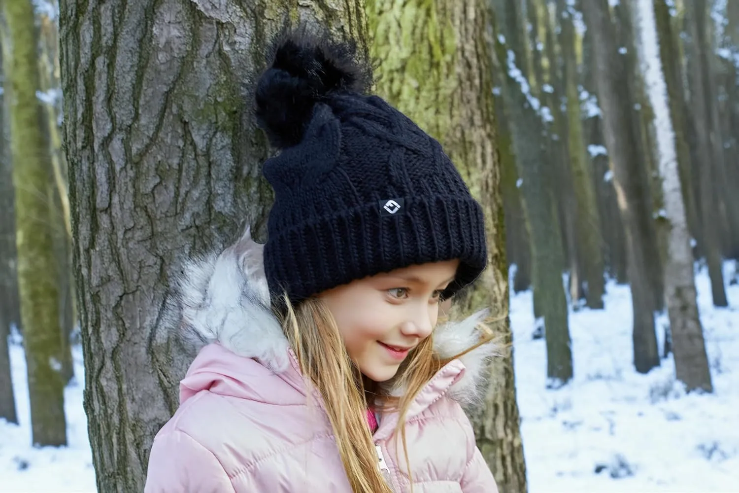 Funky Junque Toddler Girl Winter Hat Beanie with Faux Fur Pom Pom, Warm Cable Knit Fleece Lined Cap, Ages 2-5