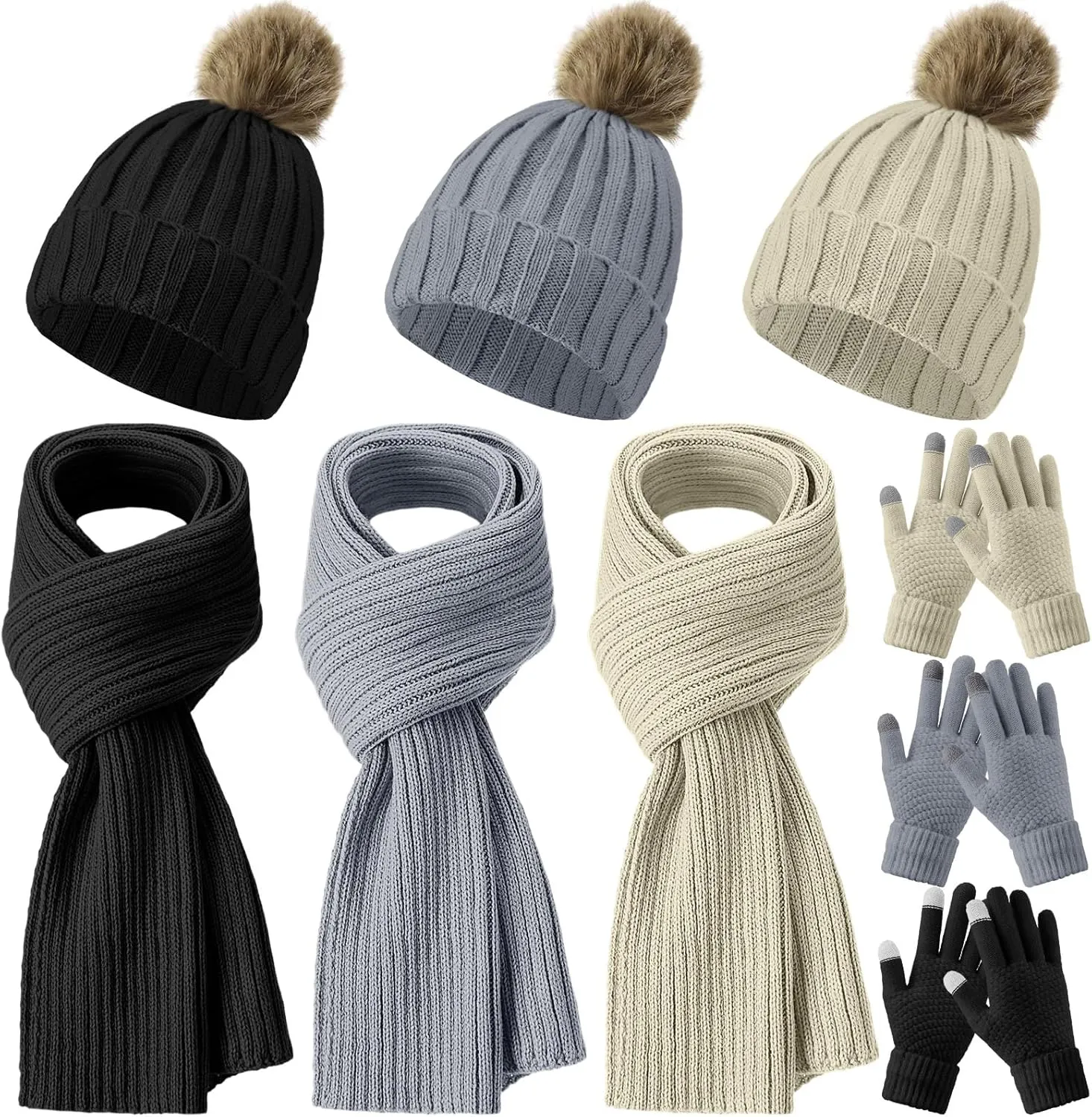 Geyoga 9 Pcs Winter Beanie Hat Scarf Gloves Set for Women and Men, Warm Knitted Pom Pom Beanie Hat Scarves Gloves