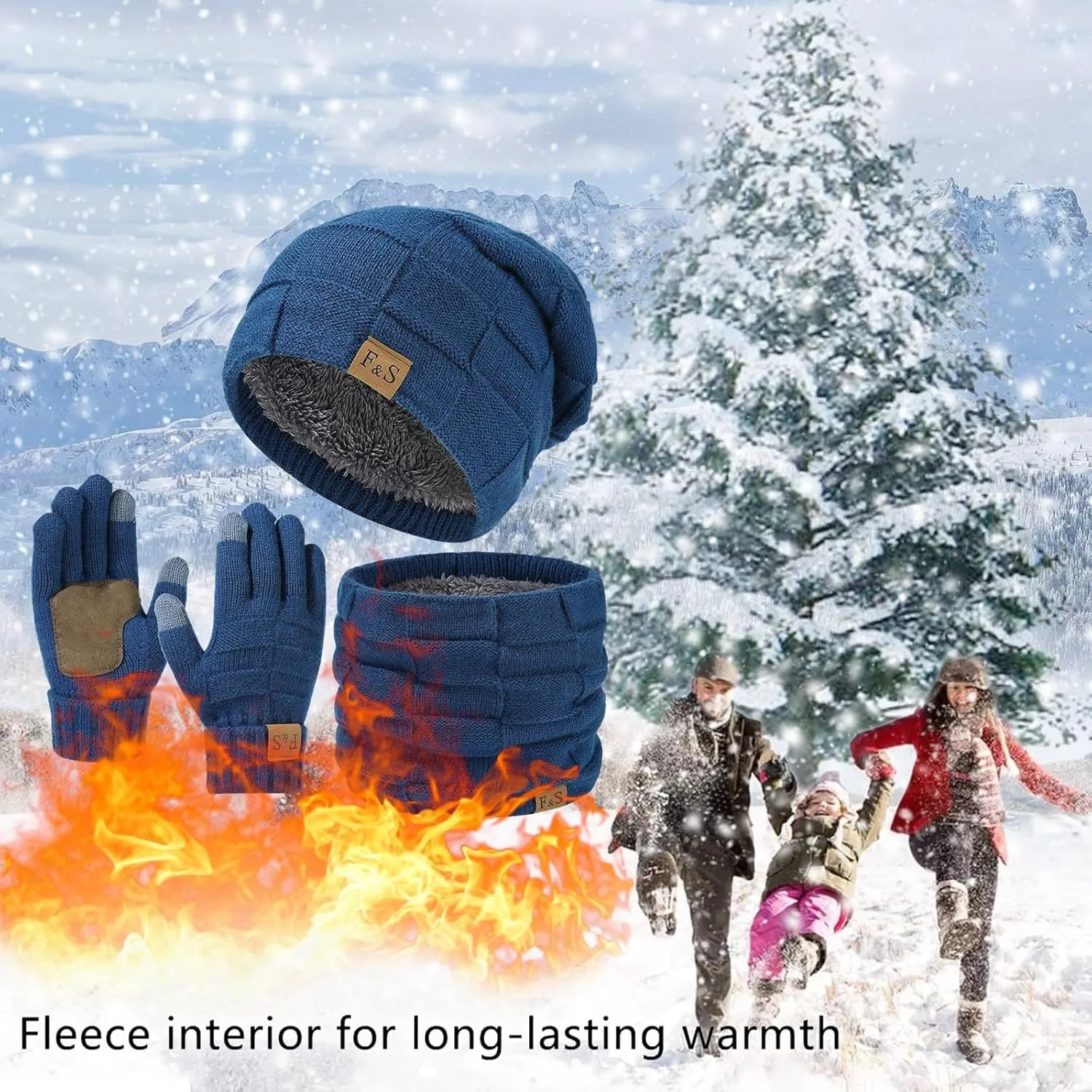 Hats Scarf Gloves Set for Women Men Fleece Lined Beanie Hats Neck Warmer Knit Gloves Hat Scarf and Gloves Set