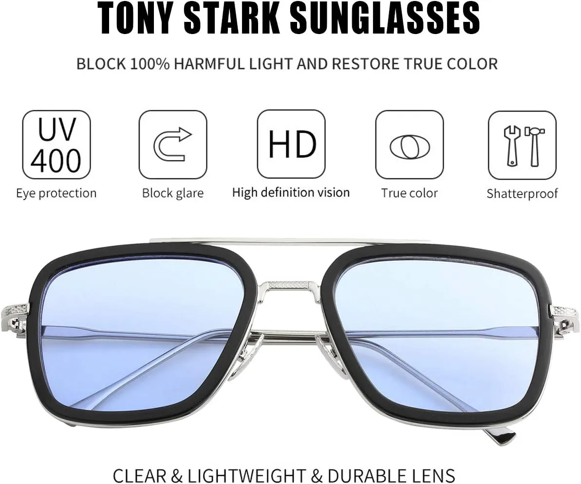 Kursan Polarized Tony Stark Sunglasses for Men Women Vintage Square Metal Frame Iron Man and Spider-Man Eyeglasses