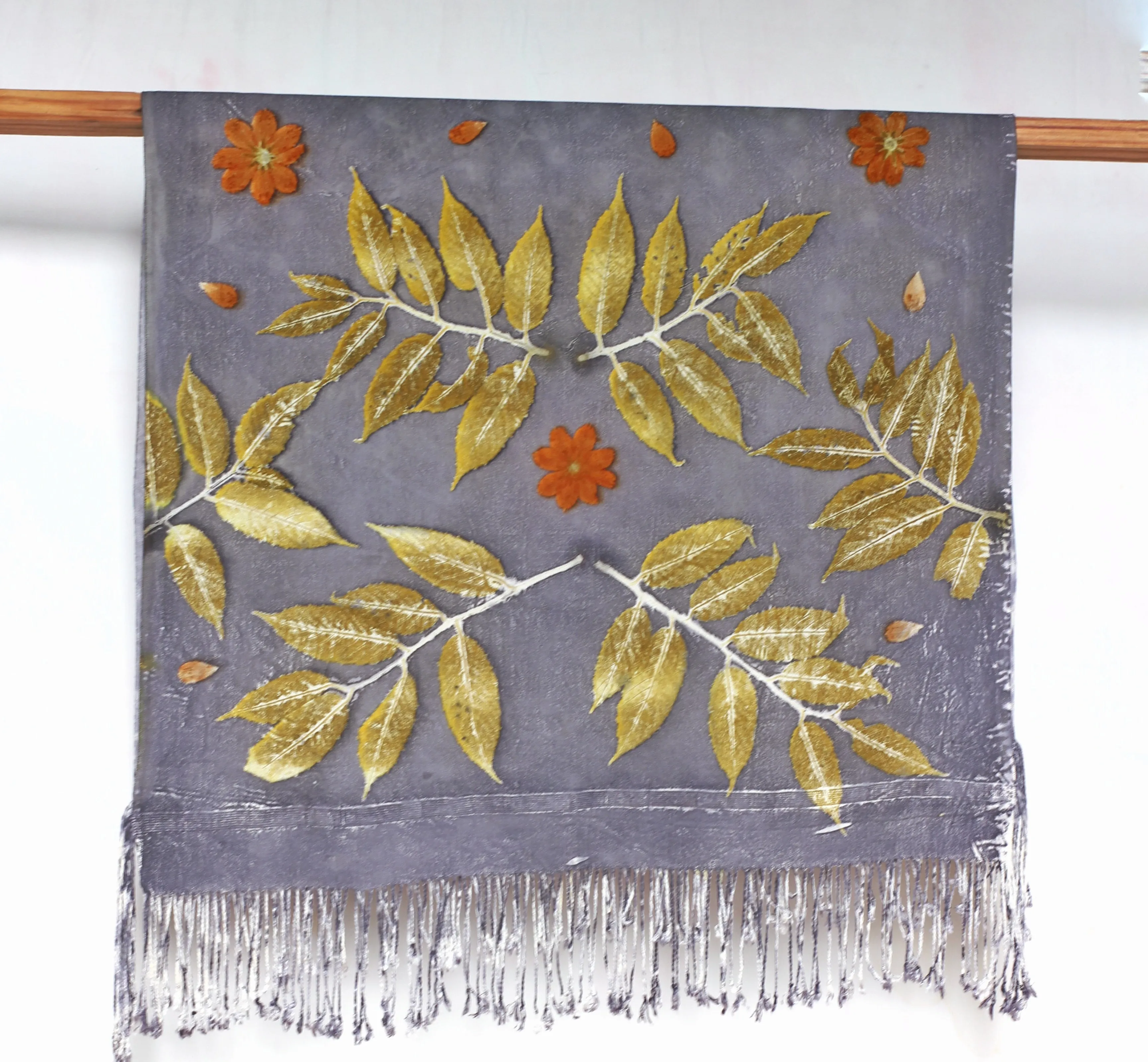 Light Grey Botanical Print Scarf | Indigenous Cotton | Handwoven & Naturally Dyed - 0007A-SY-HT