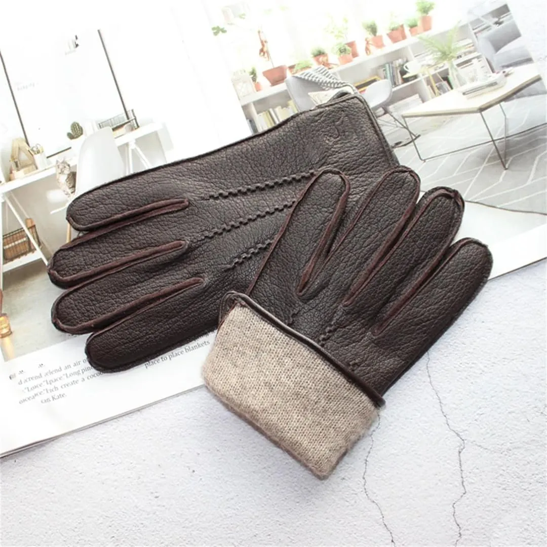 Men's Leather Outer Stitched Striped Retro Motorcycle Riding Driving Autumn And Winter Wool Gloves