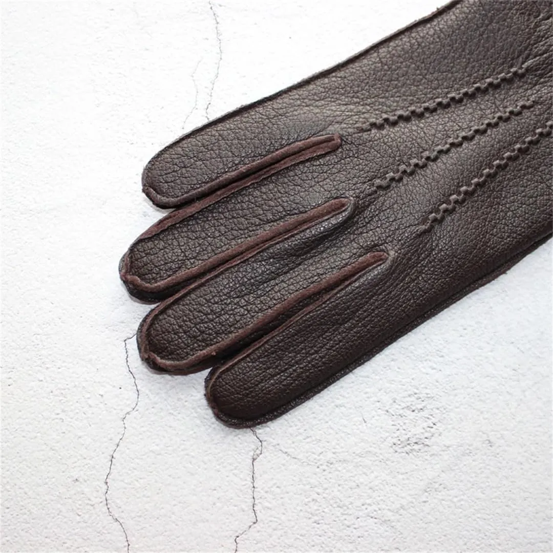 Men's Leather Outer Stitched Striped Retro Motorcycle Riding Driving Autumn And Winter Wool Gloves
