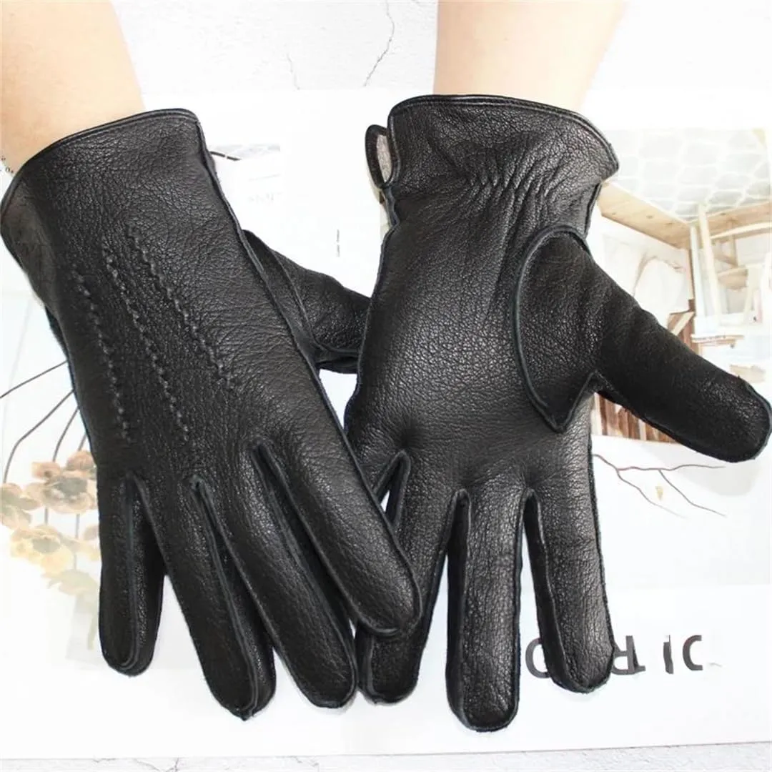 Men's Leather Outer Stitched Striped Retro Motorcycle Riding Driving Autumn And Winter Wool Gloves