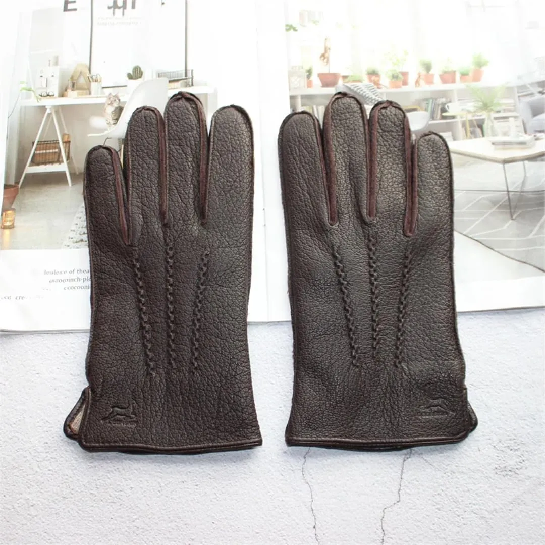 Men's Leather Outer Stitched Striped Retro Motorcycle Riding Driving Autumn And Winter Wool Gloves