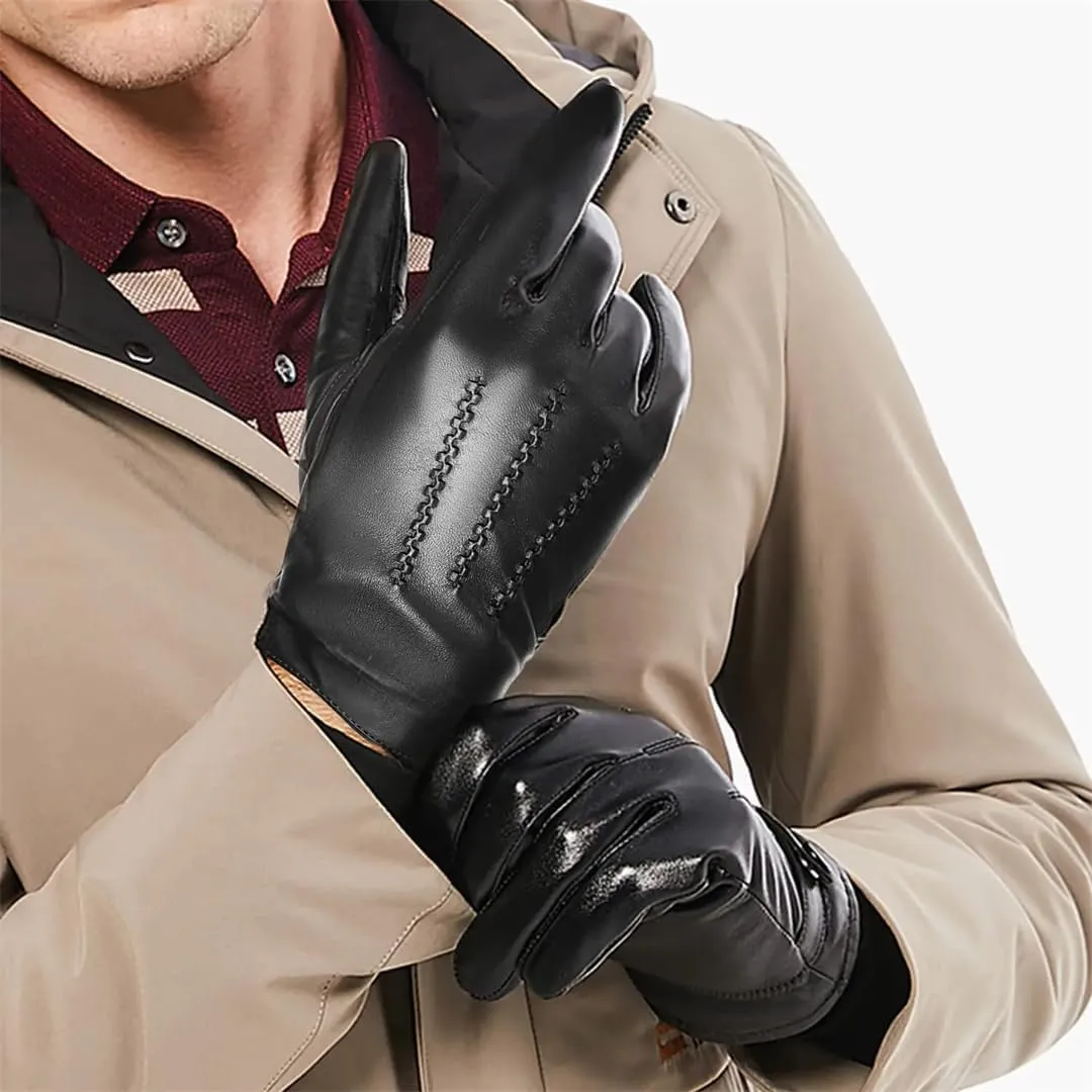 Men's Sheepskin Gloves Fashion Cashmere Lined Touchscreen Full Finger Mittens Winter Warm Riding Driving Gloves