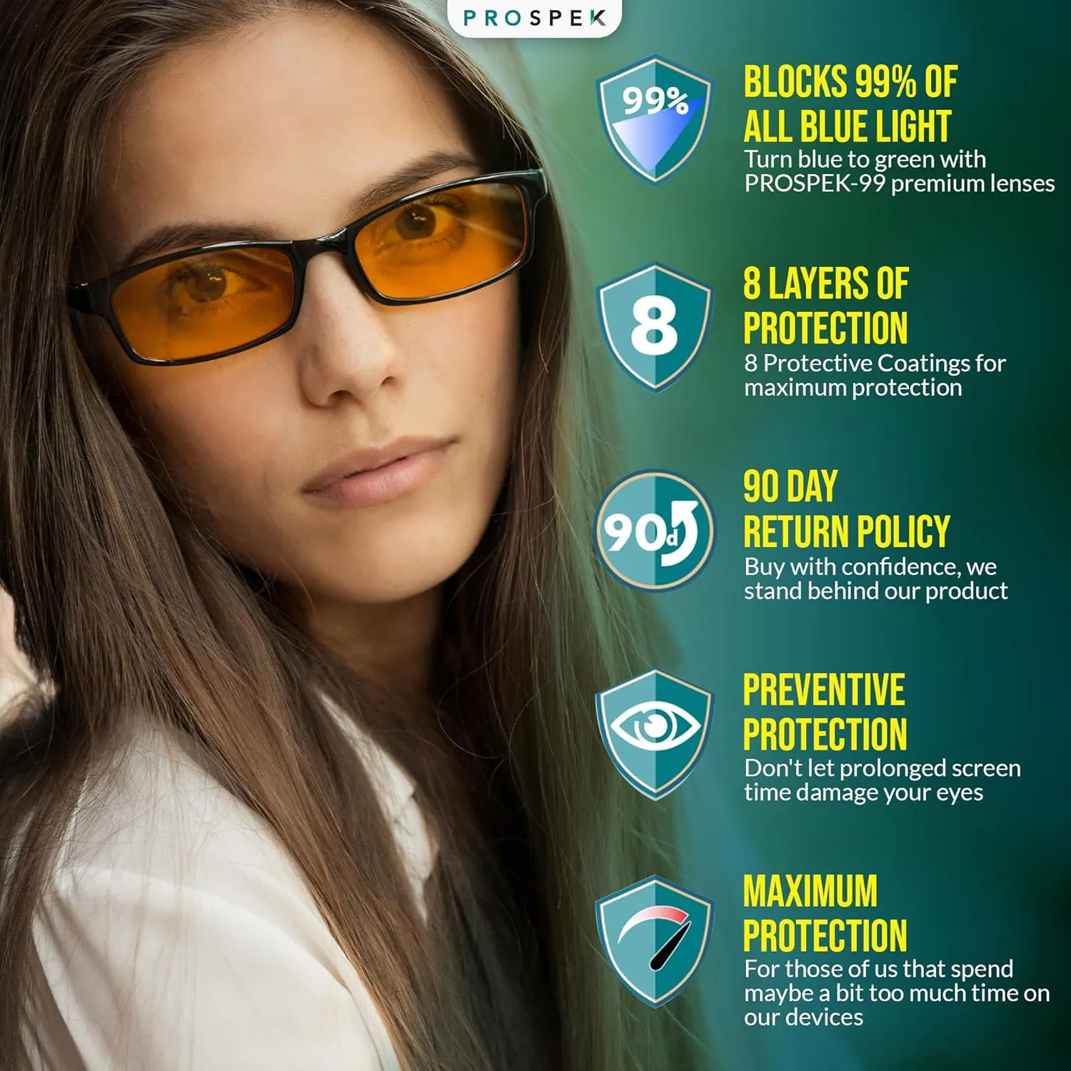 Prospek Blue Light Blocking Glasses, ELITE for Women and Men, Anti Glare Amber Lens, 99% Blue Light Blockers High Optical Quality Lenses (No Diopters)
