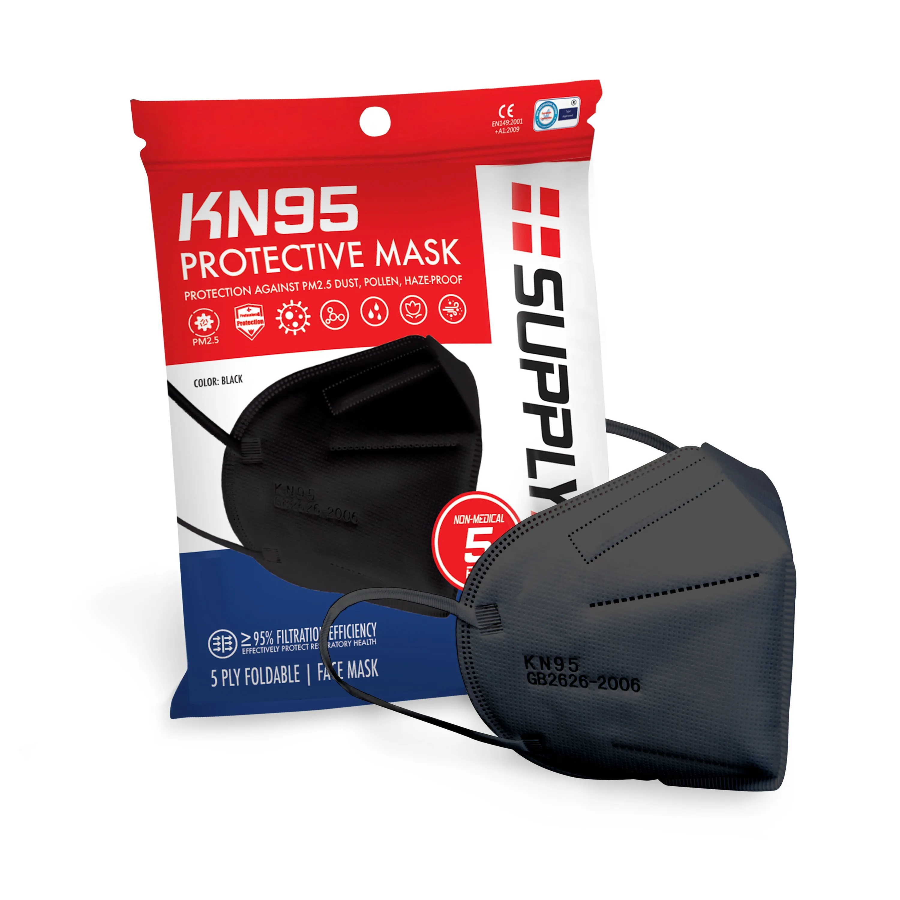 SupplyAID 25-Pack KN95 Protective Face Mask Bundle | GB2626 Standard (Black)