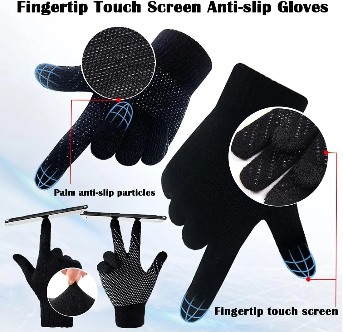 T WILKER 2Pcs Winter Knit Beanie Balaclava Hat Anti-Slip Touch Screen Mittens Set Thermal Ski Mask Cap Unisex for Womens Mens