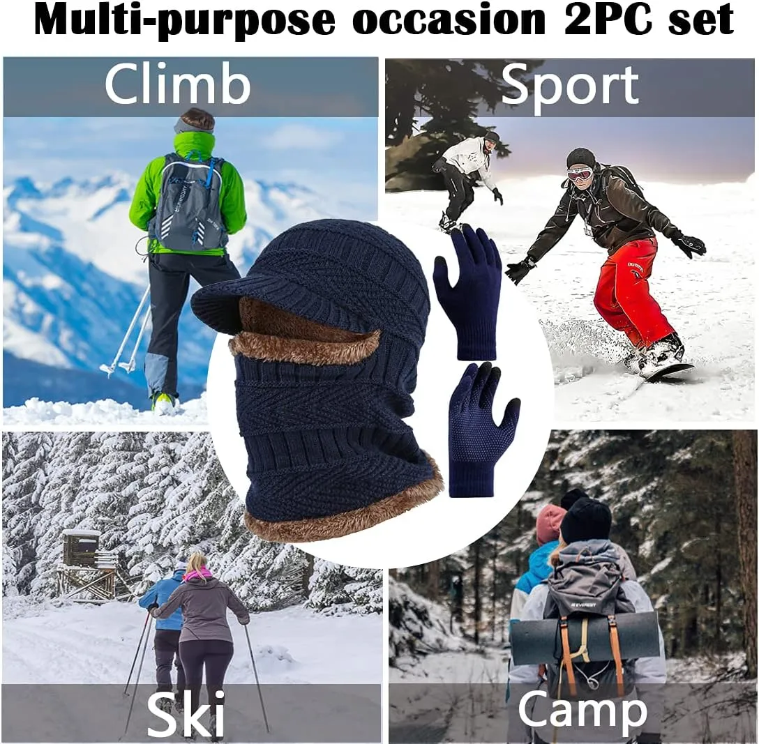 T WILKER 2Pcs Winter Knit Beanie Balaclava Hat Anti-Slip Touch Screen Mittens Set Thermal Ski Mask Cap Unisex for Womens Mens