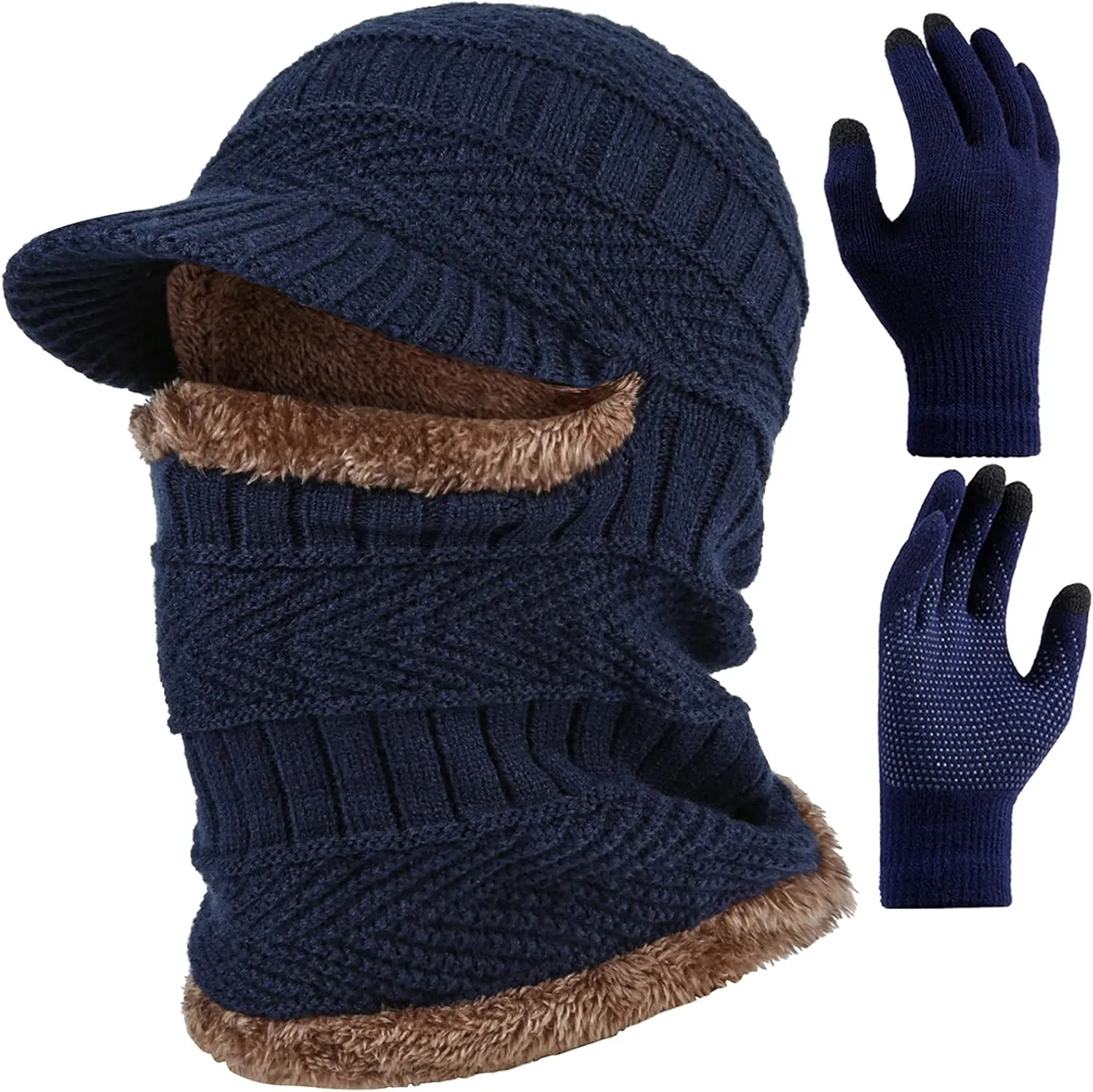 T WILKER 2Pcs Winter Knit Beanie Balaclava Hat Anti-Slip Touch Screen Mittens Set Thermal Ski Mask Cap Unisex for Womens Mens