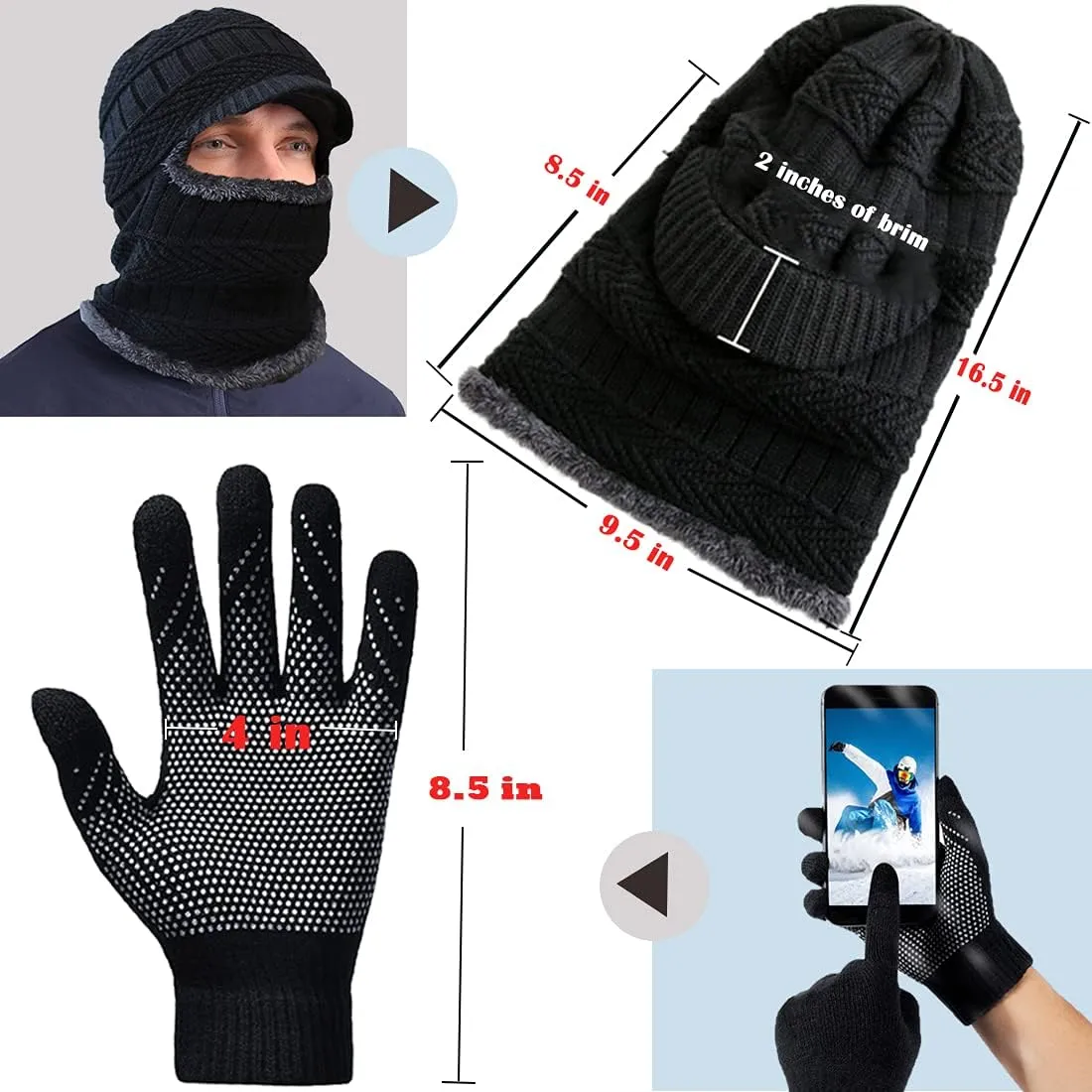 T WILKER 2Pcs Winter Knit Beanie Balaclava Hat Anti-Slip Touch Screen Mittens Set Thermal Ski Mask Cap Unisex for Womens Mens