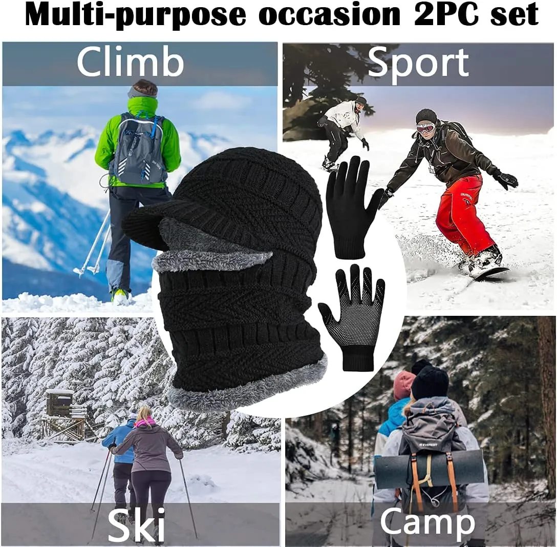 T WILKER 2Pcs Winter Knit Beanie Balaclava Hat Anti-Slip Touch Screen Mittens Set Thermal Ski Mask Cap Unisex for Womens Mens
