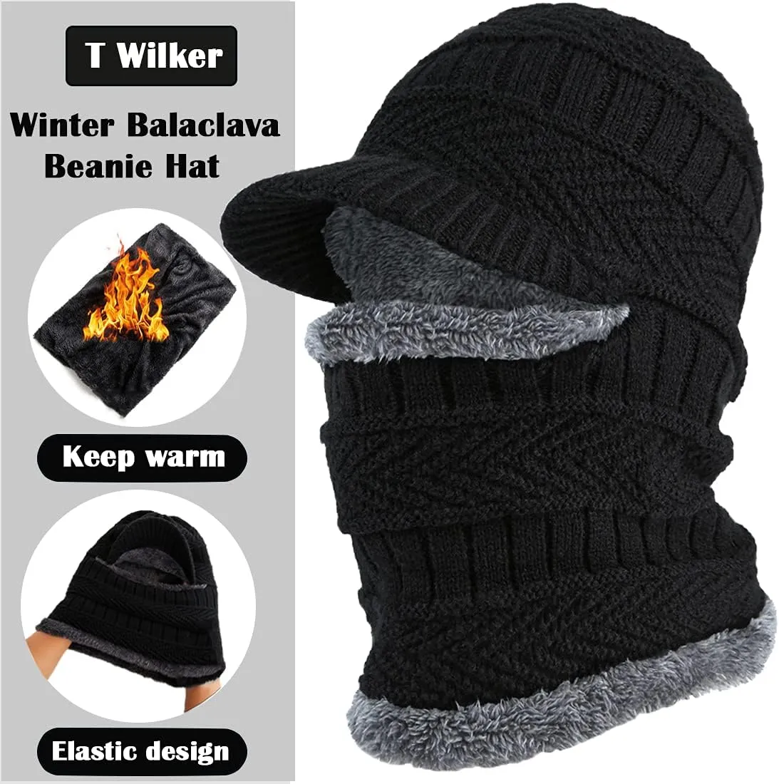 T WILKER 2Pcs Winter Knit Beanie Balaclava Hat Anti-Slip Touch Screen Mittens Set Thermal Ski Mask Cap Unisex for Womens Mens